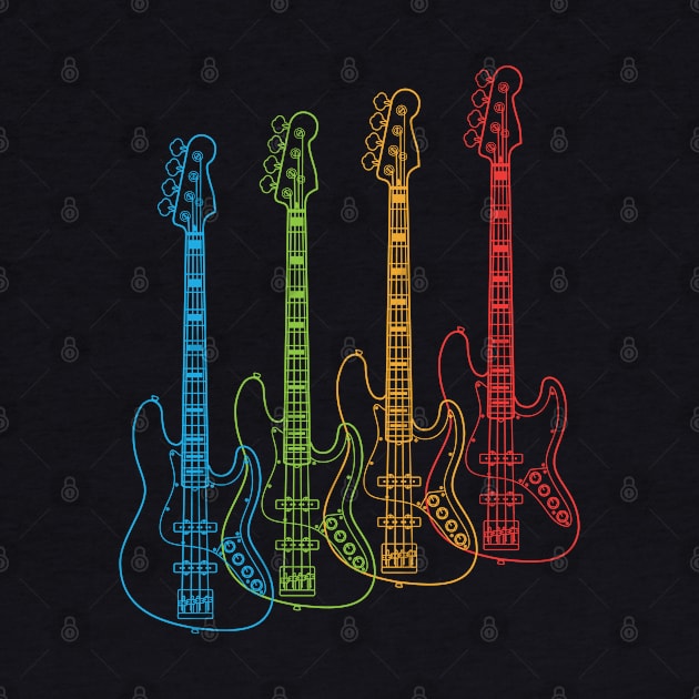 Four J-Style Bass Guitar Outlines Multi Color by nightsworthy